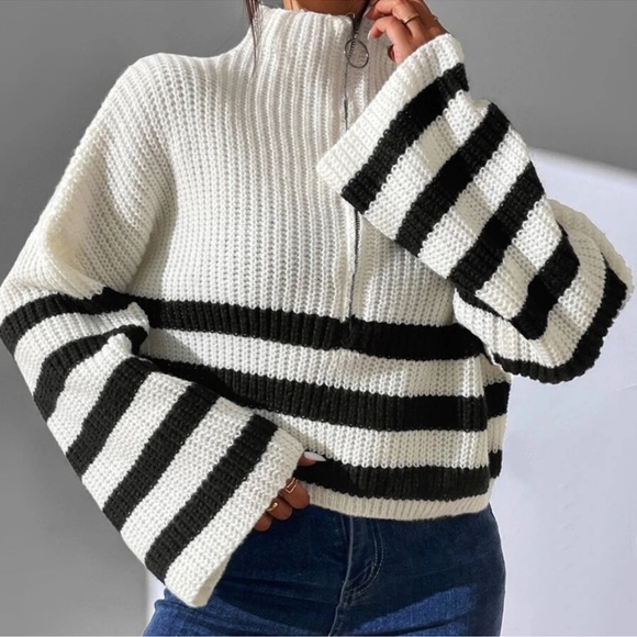 Cozy Striped Zipper Knit Oversized Sweater XS S M L - Picture 2 of 4